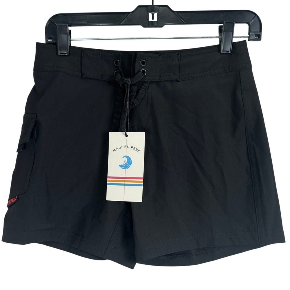 Maui Rippers Board Shorts Women 0 Black 4-Way Stretch Cargo Pocket Surf Swimwear
